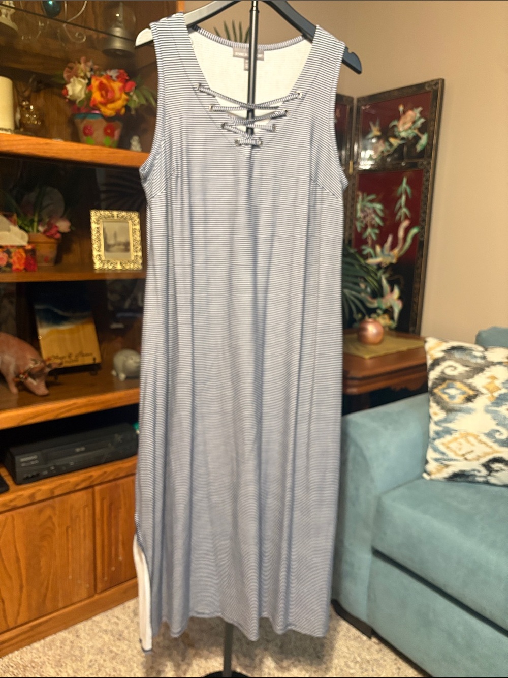 Jessica London Navy and White Striped Sleeveless Lace-Up Maxi Dress